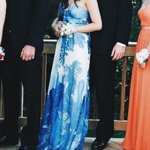 Aqua Blue Paisley Strapless Prom Dress