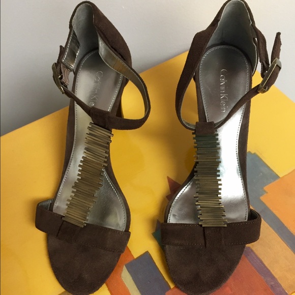 Calvin Klein suede and metal t-strap heels 7B