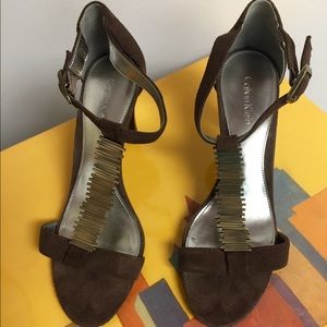 Calvin Klein suede and metal t-strap heels 7B