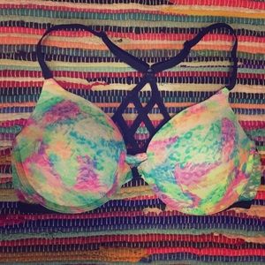 VS Pink Strappy Ladder Back Front Close Neon Bra