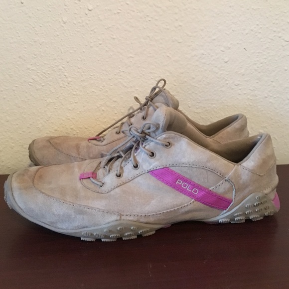 Polo Ralph Lauren- Tan/Pink suede sneakers sz 8.5 - Picture 2 of 4