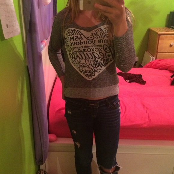 Grey long sleeve shirt, White heart black writing