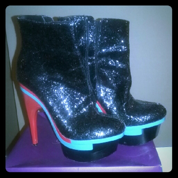 Red sequin boot with red and turquoise heel