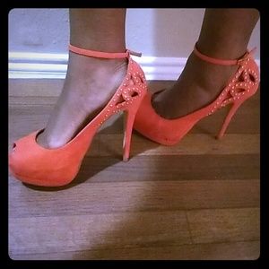 Coral and Gold Peep Toe Heels