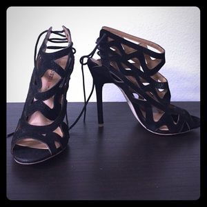 JustFab Black Lace-Up Cage Heels