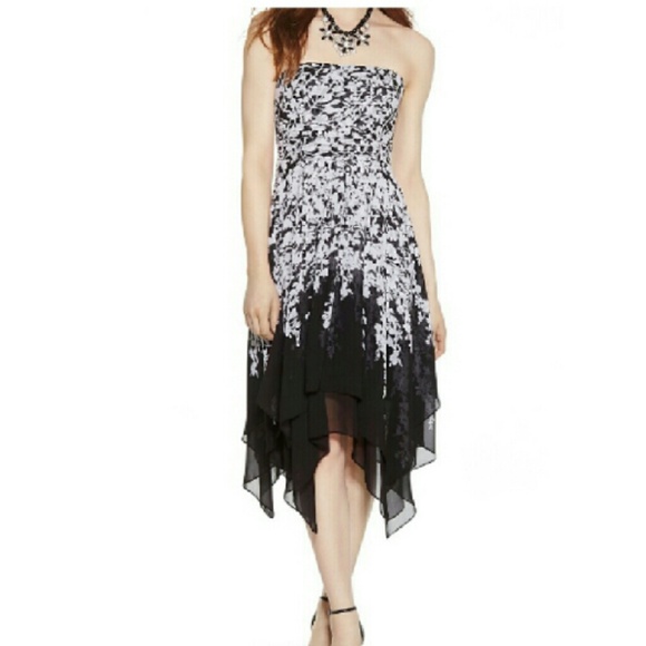 Strapless black white floral asymmetrical dress - Picture 3 of 3