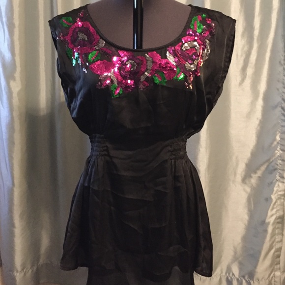 Black satin top with sequin detail
