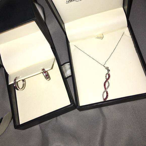 Ruby and diamond earrings and necklace