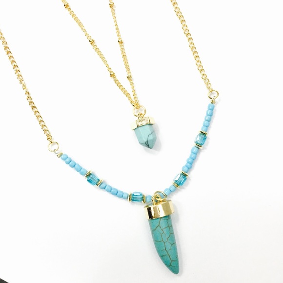 1 Pc. Two- Layer Bohemian  Turquoise Horn Necklace - Picture 2 of 4