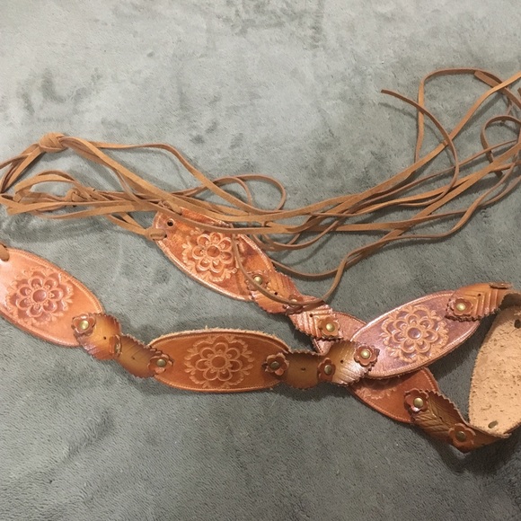 Leather, flower and leaf, fringe tie belt