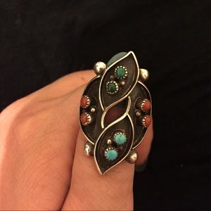Signed Zuni Silver Ring. Turquoise and coral.