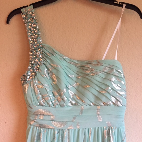 Teal and Silver One-shoulder Formal Dress - Picture 2 of 4