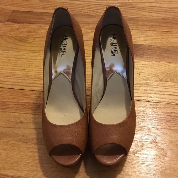 Michael Kors brown heels with metallic gold heel.