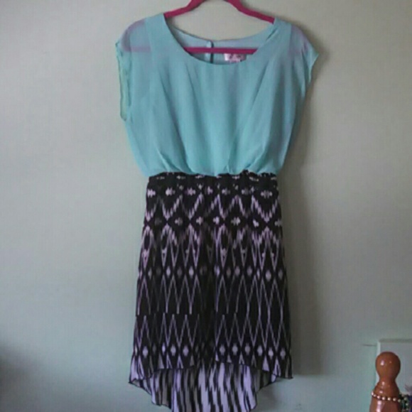 Mint green & black and white high low dress