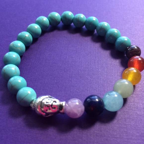 Turquoise Howelite Chakra Bracelet with Buddha - Picture 2 of 4