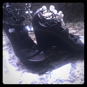 BCBG Girls dark brown lace up wedge