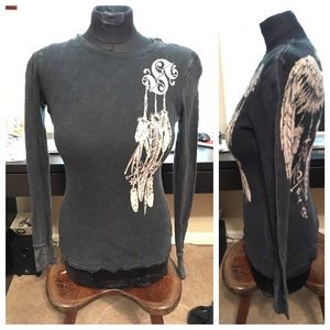 Sinful Thermal Black Tee Small Skull Feathers