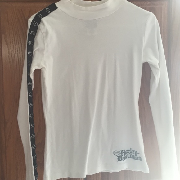 White with black strips down the arm Harley shirt