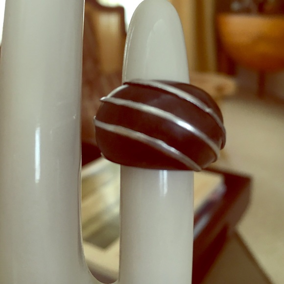 Black wood and inlaid silver dome ring