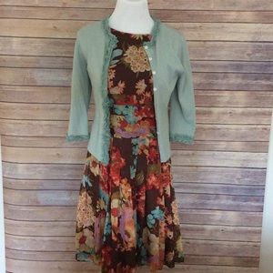 Dress and cardigan by Kay Unger