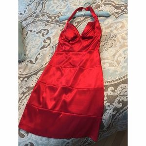 Red silk mini halter dress