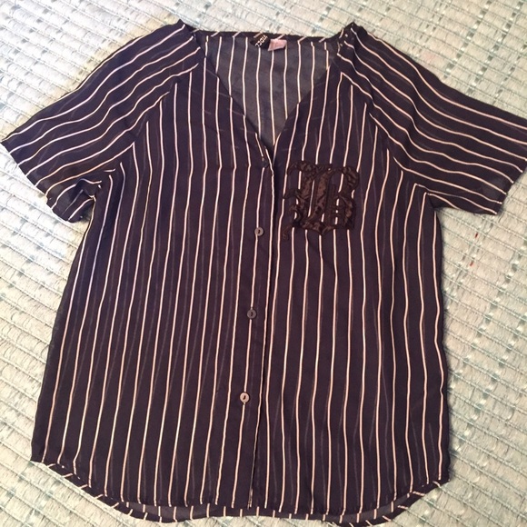 H&M sheer baseball button up with B logo.