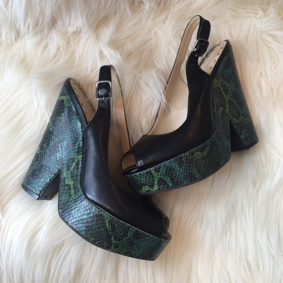 Green and black snakeskin peep toe sling backs.