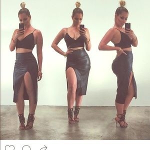 Leather slit midi skirt