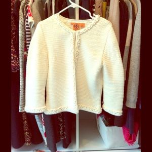 Tory Burch white cotton knit sweater jacket