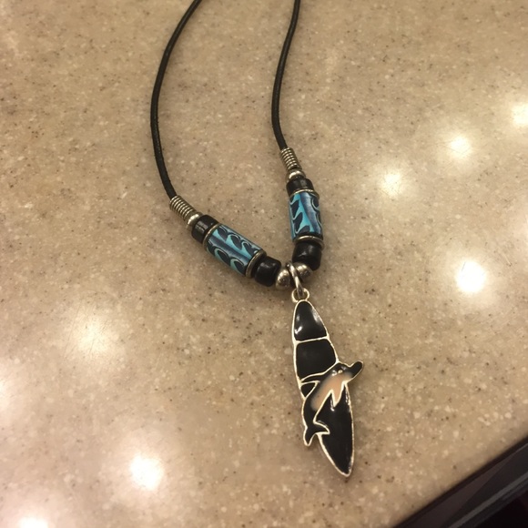 Black and Blue Necklace with Dolphin and Surfboard