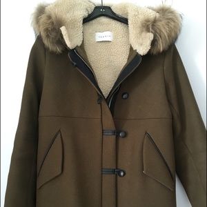Sandro coat with fur hood leather detail