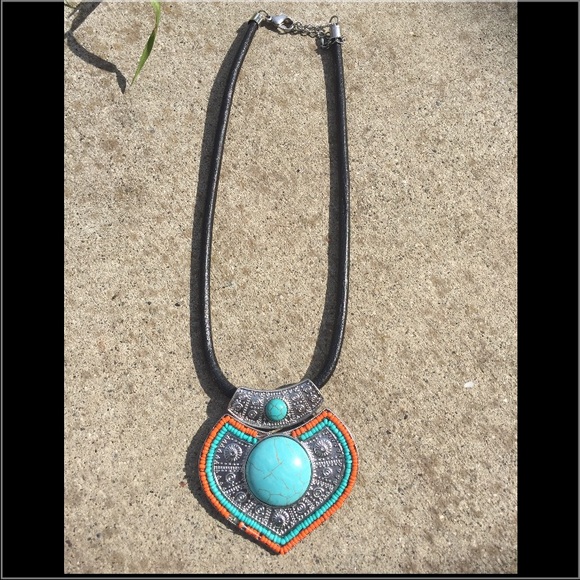 Tribal Aztec statement necklace orange/teal