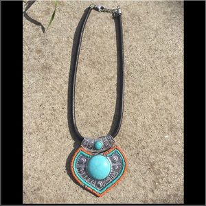 Tribal Aztec statement necklace orange/teal