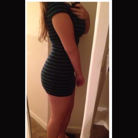 Forever 21 Navy and Green Striped Bodycon Dress