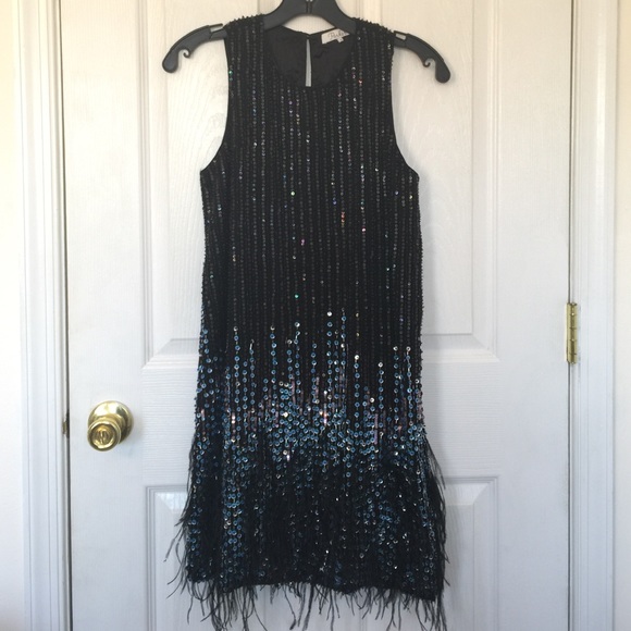 Parker black sequin and feather mini dress small