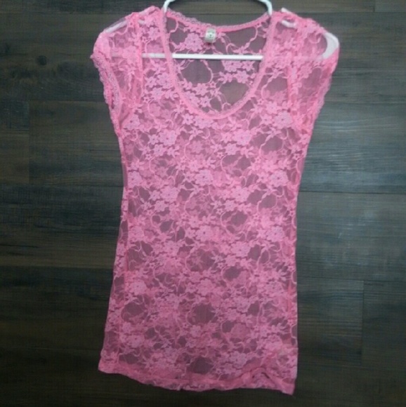 Neon pink cap sleeve lace top