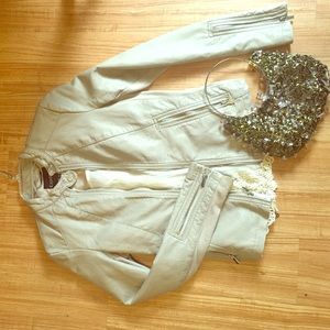 Beige Faux Leather Moto Jacket & Lacoste wristlet
