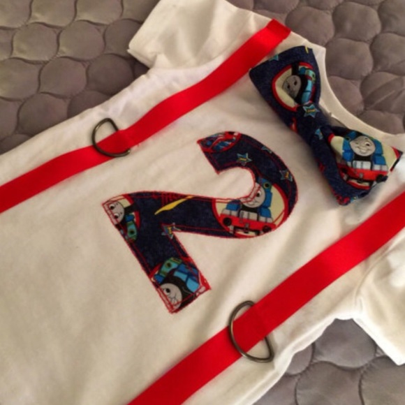 Thomas train birthday number shirt with suspenders