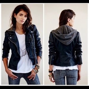 Free People Black Vegan Leather Hooded Jacket