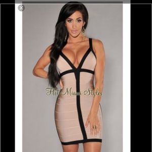 Light mocha black trim v-neck bandage dress