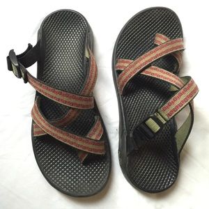 Olive green, blue, pink slip on Chacos