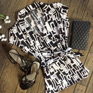 Sexy V-neck Black & White Faux Wrap Top