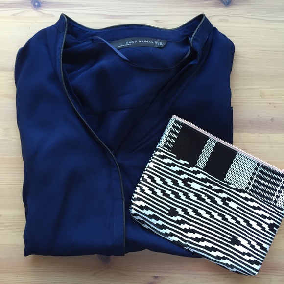 Zara sheer blouse with faux leather piping.