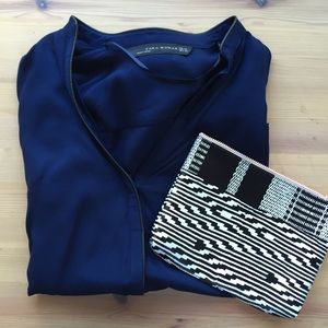 Zara sheer blouse with faux leather piping.
