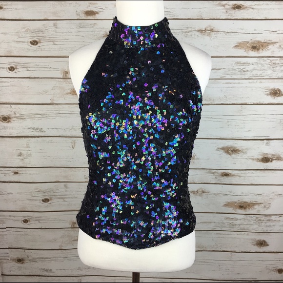 Adrianna Papell Tops - [Vintage] Sequin Silk Mock Halter Top Tank Chic