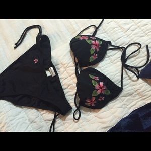 Black String Bikini Swim Suit with flowers