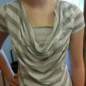 Grey striped ruffled v-neck tee