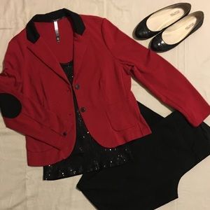 Kensie Red Blazer w/Black Collar & Elbow Patches