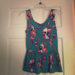Teal peplum w/ skulls and roses