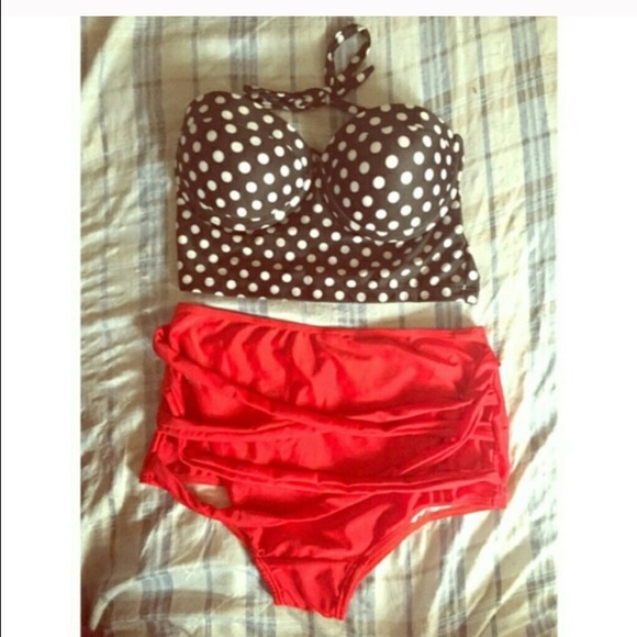 Red high waisted bottoms and bikini top
